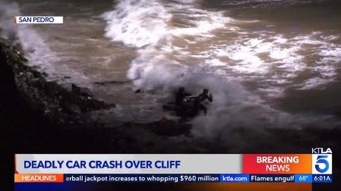 A man was found dead inside a car that plunged off a San Pedro cliff into the ocean, California firefighters say.