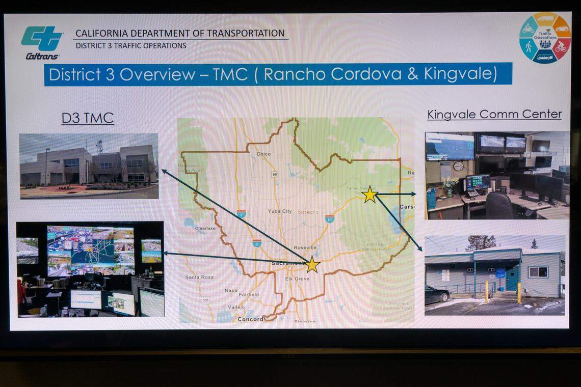 A computer screen displays the coverage area for the Caltrans District 3 Regional Traffic Management Center on Jan. 26 in Rancho Cordova.