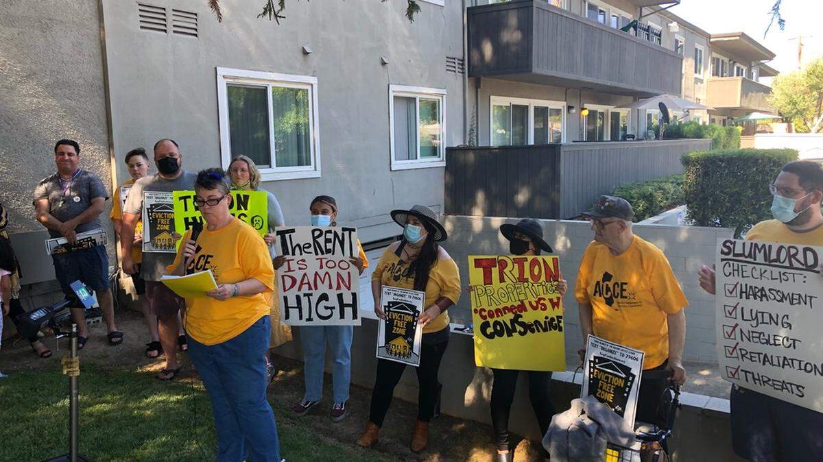 Members of the newly formed ACCE Harlow Tenants Union speak at a press conference on June 29 about their experiences with new property manager Trion Properties