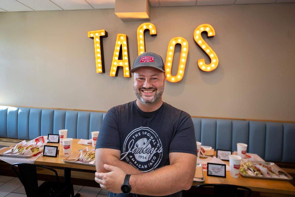 Jimboy’s Tacos CEO Erik Freeman stands for a photo before their taco eating contest between local media personalities and dignitaries Wednesday in Folsom.
