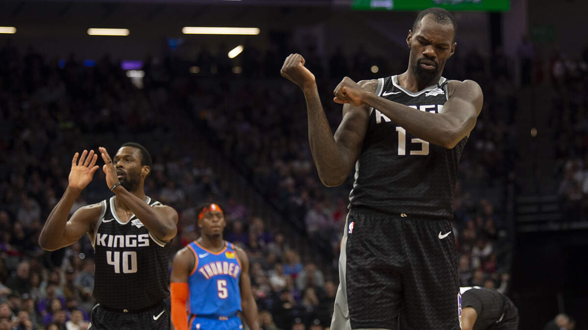 Sacramento Kings center Dewayne Dedmon (13) reacts after play during a game at the Golden 1 Center on Wednesday, Jan 29, 2020 in Sacramento.