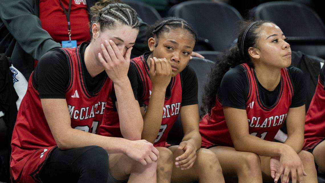 The McClatchy Lions' Daisy Throckmorton (24), Tori Comfort (3) and Laila Stancil Williams (11) tear up late in the final seconds of the loss in the CIF Sac-Joaquin Section Division I championship game Saturday at Golden 1 Center in Sacramento.