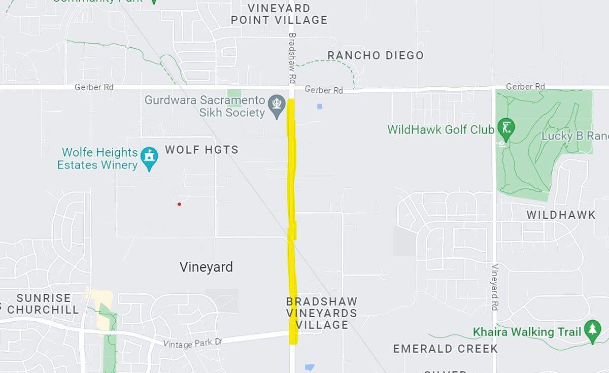 Sacramento County Department of Transportation will close all lanes on Bradshaw Road for railroad and street maintenance. Closures will stretch from railroad tracks north of Vintage Road to south of Gerber Road.