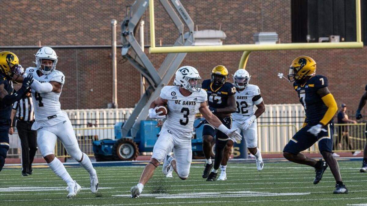 UC Davis running back Lan Larison had his first 100-yard rushing game for the Aggies with three first-half touchdown in a 48-10 win over Texas A&M Commerce on Thursday, Aug. 31, 2023.