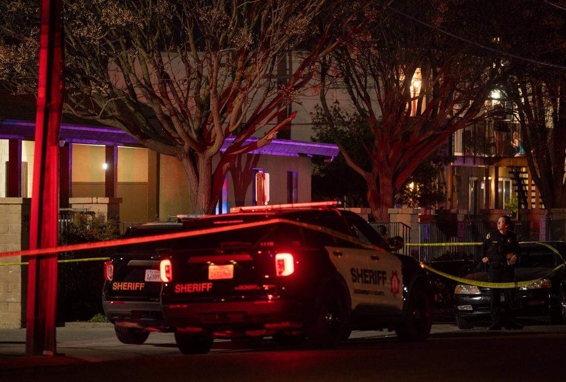 Sheriff’s deputies stand outside The Church in Sacramento as they investigate a shooting near Wyda and Ethan ways in Arden Arcade on Monday, Feb. 28, 2022. A father killed three of his children and an adult before shooting himself at the church.