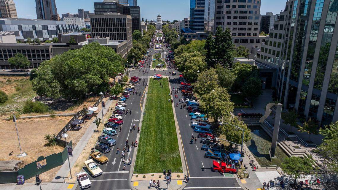 Classic cars line Capitol Mall during the California Lowrider Holiday Celebration on Sunday.