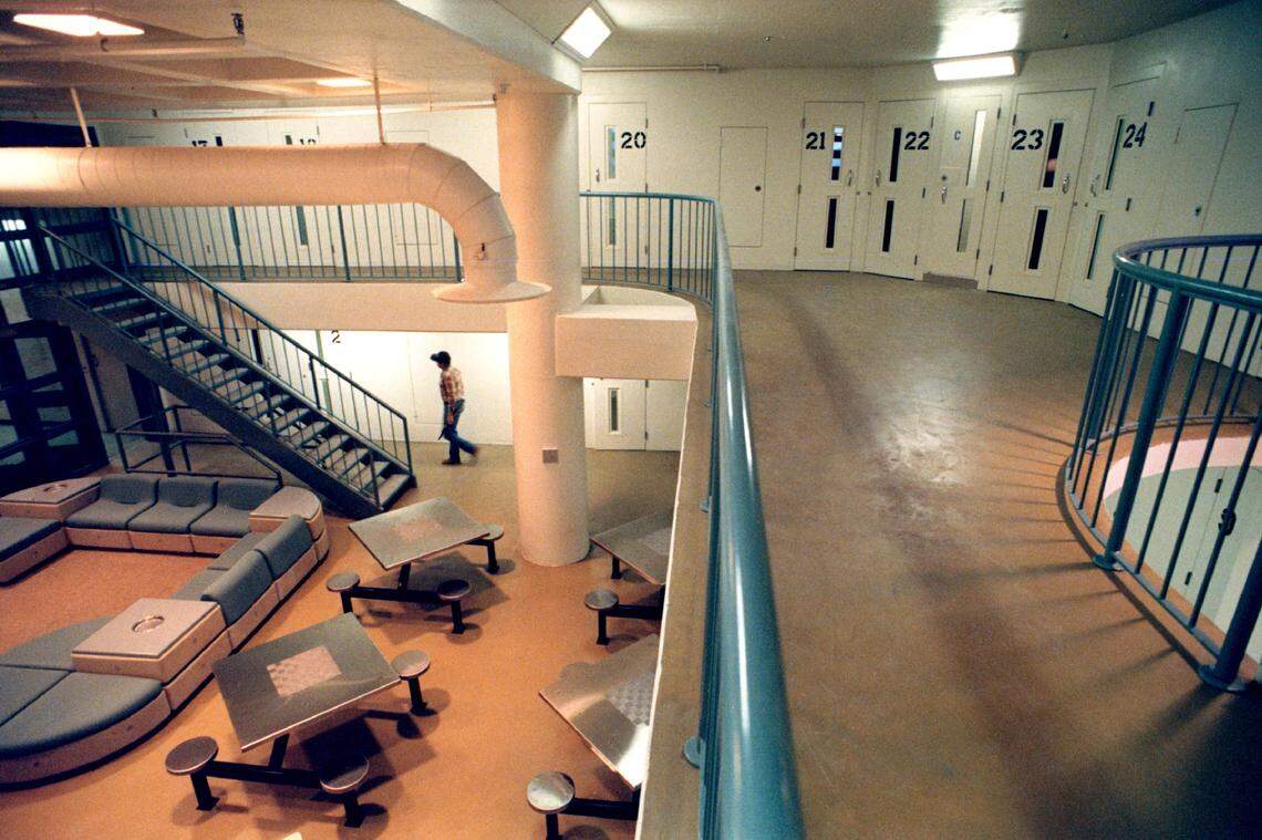 A media tour for the opening of the new Sacramento County Main Jail show a pod of cells, which have a common exercise area and dining area/day room, on Jan. 10, 1989.