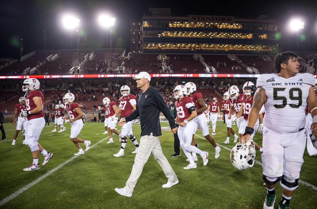 Stanford Cardinal head coach Troy Taylor leaves the field with his team after falling in the final minutes to the Sacramento State Hornets, 30-23, in the NCAA college football game Saturday, Sept. 16, 2023, at Stanford University.