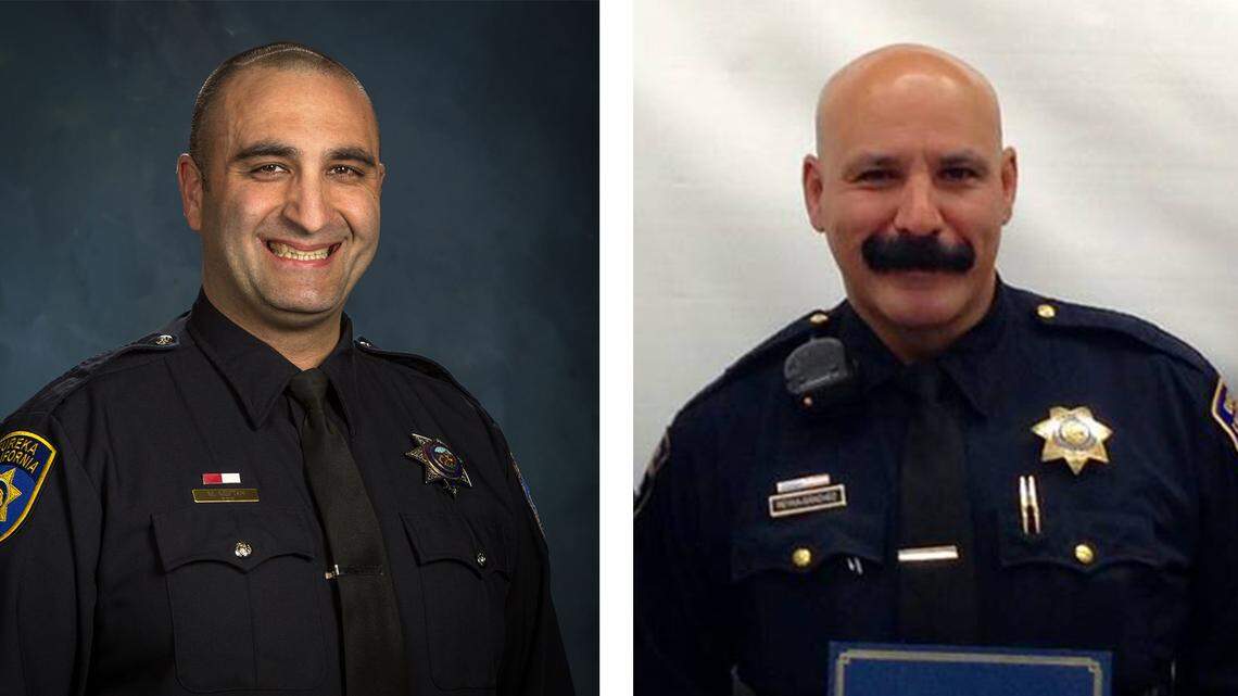 Eureka Police Officer Mark Meftah, left, and Sgt. Rodrigo Reyna-Sanchez were put on leave Wednesday, March 17, 2021, while a third-party investigator reviews demeaning and violent messages sent in a private texting group.