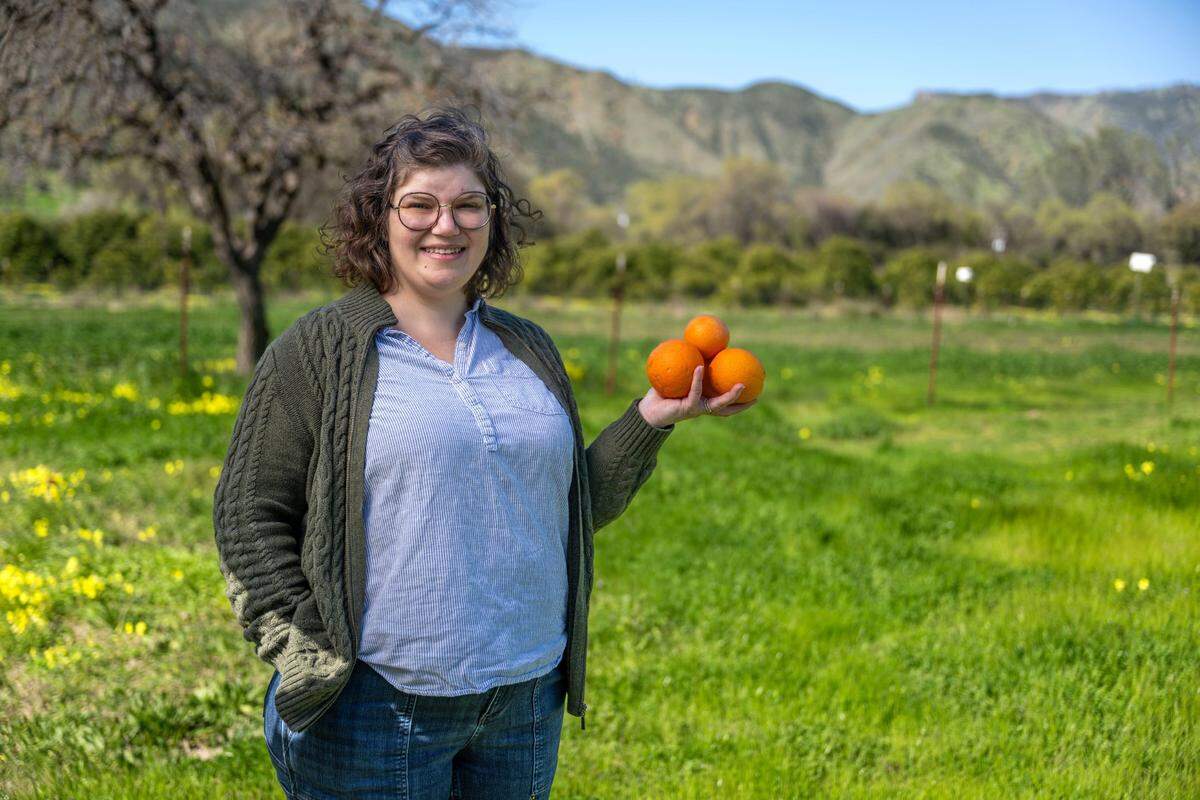 Nova Wetherwax, director of merchandising at Sacramento Natural Foods Co-op, holds oranges on Friday, March 7, 2025, that are grown at the Co-op’s Blue Heron Farm in Capay Valley.