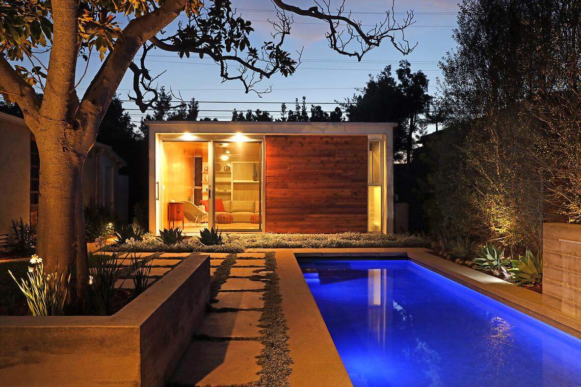 A midcentury modern accessory dwelling unit built in Santa Monica in January 2020 is based on a blueprint pre-approved by the city of Los Angeles. The ADU features a studio design with a kitchen and bathroom in 320 square feet. The estimated cost for constructing the design is $120,000 to $147,000, depending on site conditions, options and other factors.