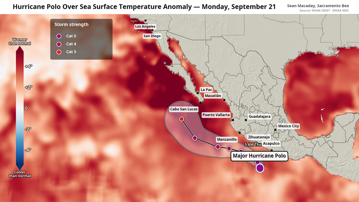 Sea surface temperatures in Polo’s path remain well above average and will help maintain the storm’s strength.