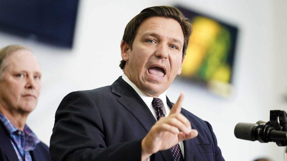 Ron DeSantis at a bill signing in November. The Florida governor chastised Gov. Gavin Newsom for his attack ads that aired on July 4, saying that Newsom did it âto basically rub his citizensâ noses in the fact that he was treating them like peasants.â