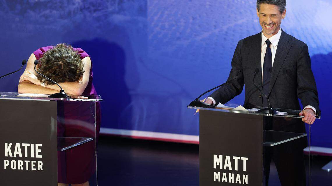 Former Democratic US Representative Katie Porter and Democratic Mayor of San Jose Matt Mahan rect as the California gubernatorial debate gets out of hands at Bridges Auditorium on the campus of Pomona College in Claremont, California, on April 28, 2026. The eight candidates for California governor are participating in the second televised debate, ahead of the June 2, 2026 primary elections. (Photo by Patrick T. Fallon / AFP via Getty Images)