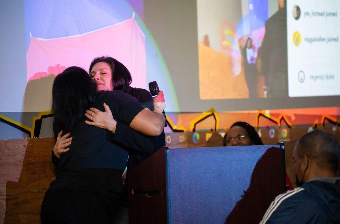 Tyre Nichols’ godsister, LaToya Yizar, left, embraces Councilwoman Lisa Kaplan, who represents North Natomas, after the announcement of naming a skatepark in Nichols’ honor while at a celebration of his life at Sac Ramp Skate Shop on Feb. 4. Sacramento native Tyre Nichols was beaten by Memphis police and died Jan. 10.
