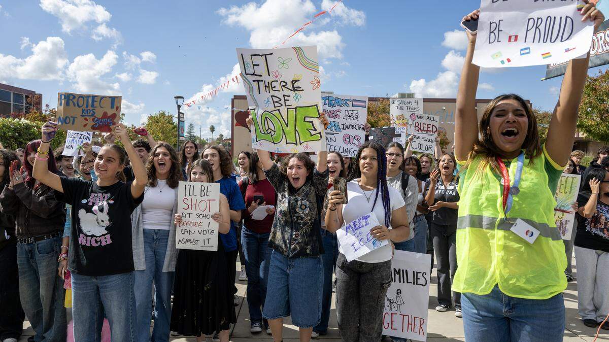 Students protest against gun violence, immigration raids and the ongoing war in Gaza during a walkout at Mira Loma High School in Arden Arcade on Friday.