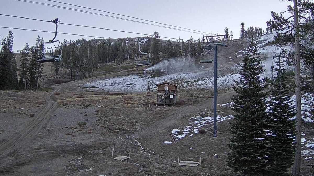 The Race Arena at Sugar Bowl is seen in an image taken from video on Tuesday, Nov. 23, 2021. The Tahoe ski resort is the third to delay its opening due to warm and dry weather.