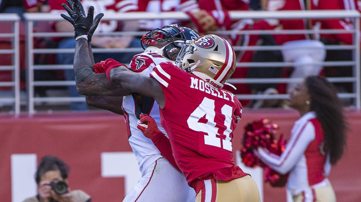 San Francisco 49ers defensive back Emmanuel Moseley (41) breaks up pass to Atlanta Falcons wide receiver Julio Jones (11) in the second quarter during a game at Levi’s Stadium on Sunday, December 15, 2019 in Santa Clara.