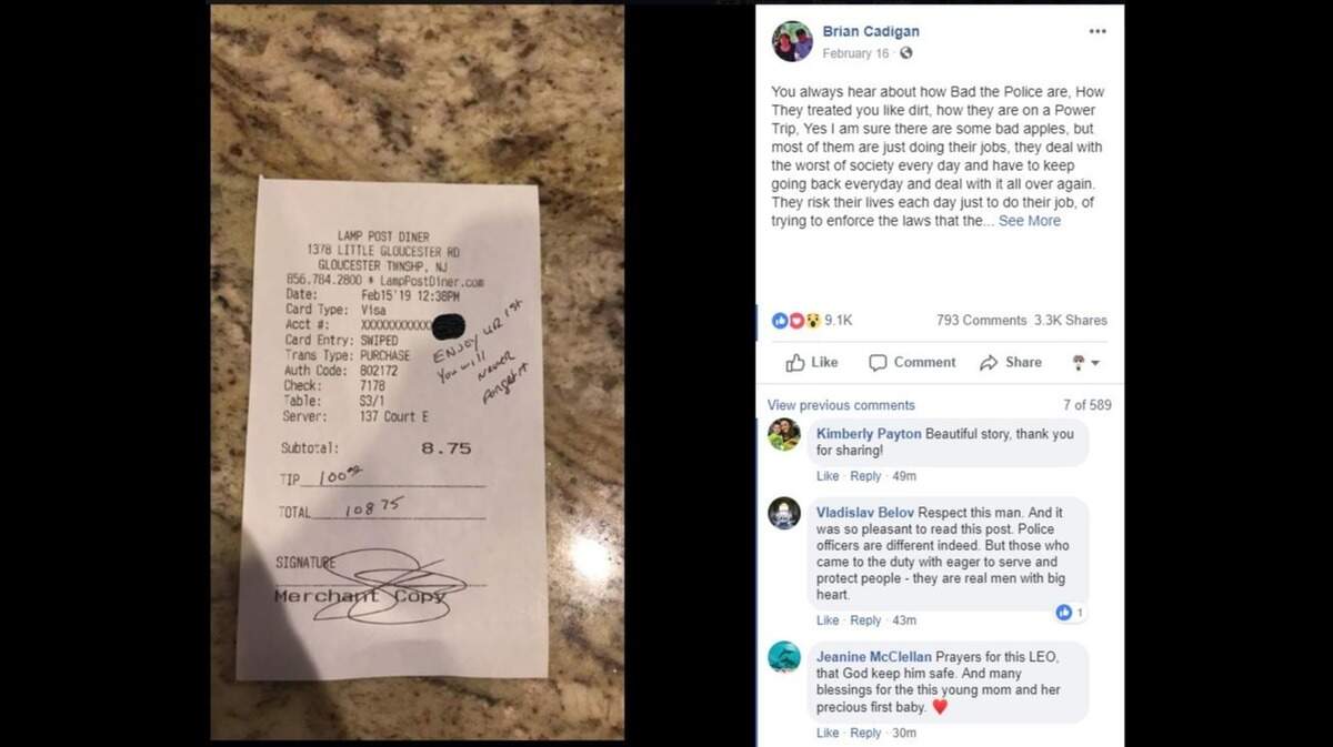 Courtney English, 23, who is working as a waitress at a New Jersey diner while 7 months pregnant to save up money, received a $100 tip on a $8.75 bill from an anonymous police officer.