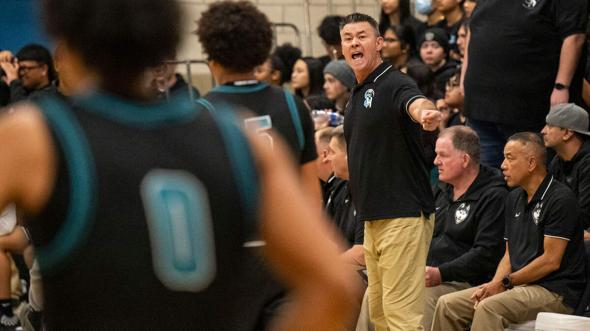 Sheldon Huskies coach Joey Rollings directs his team as they face the Rocklin Thunder in a CIF Sac-Joaquin Section boys basketball Division I quarterfinal game on Friday, Feb. 16, 2024, in Rocklin.