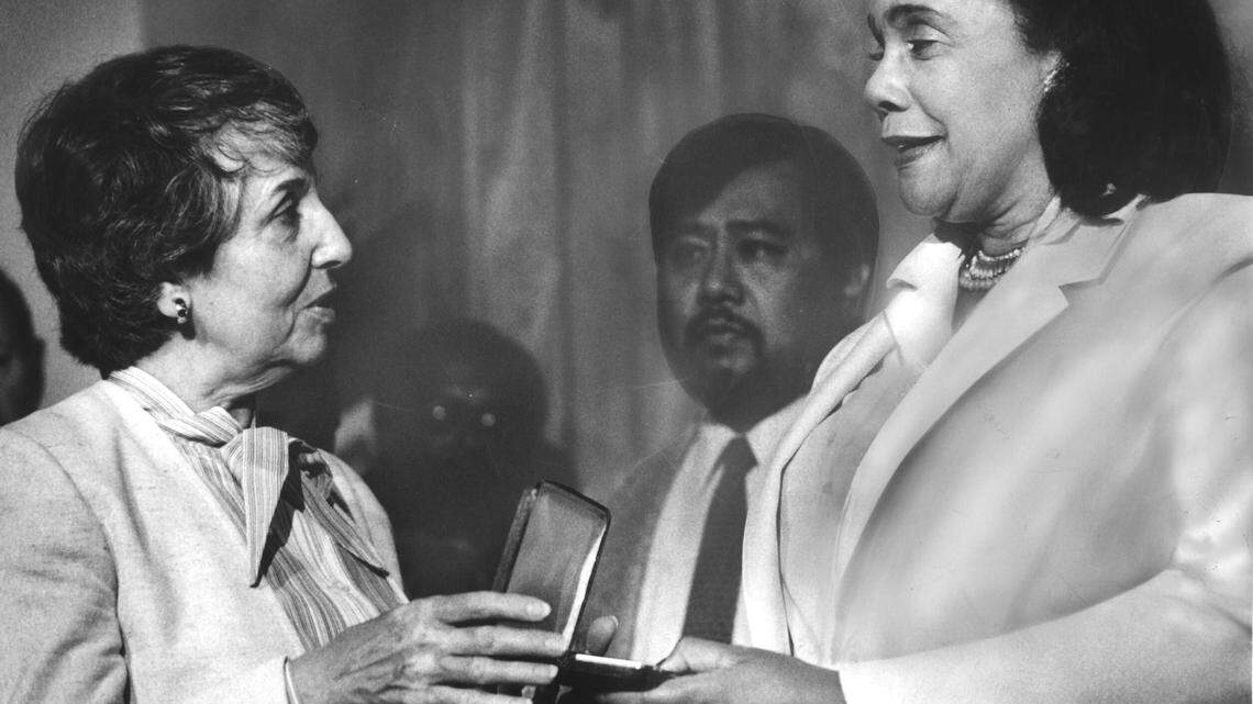 Coretta Scott King receives a key to the Sacramento in 1985 from Mayor Anne Rudin during a reception and press conference at the Interfaith Service Bureau. King spoke to the state Legislature earlier in the day about making the first federal holiday honoring her late husband a day of “great national celebration and unity and renewed patriotism.” Congress set the observance of Martin Luther King Jr. Day to begin in 1986.