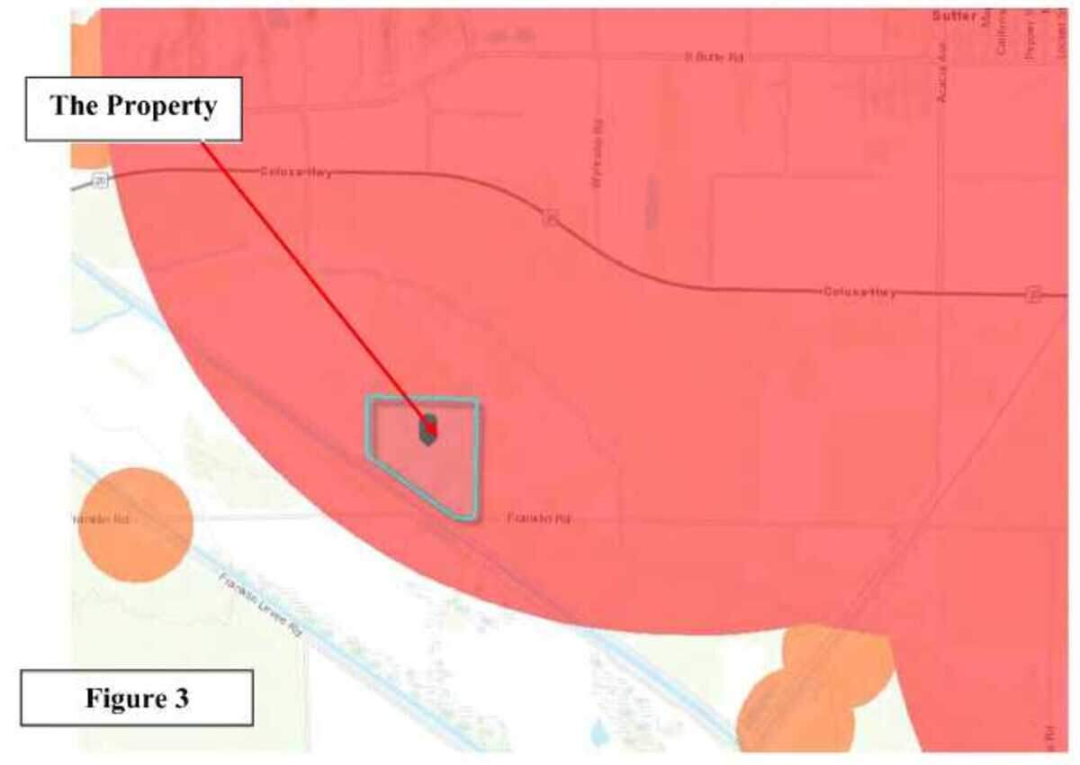 The red zone shows an expanded zone restricting industrial hemp farming in Sutter County. A company has sued the county, accusing it of expanding the zone's coverage area to benefit a private business at the expense of the hemp farmer.