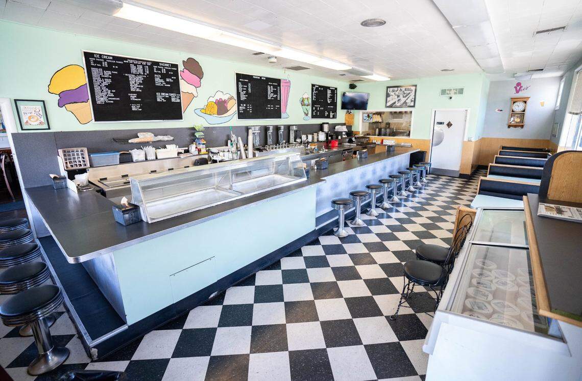 Vic's Ice Cream interior, photographed in 2024, features a vintage look that has changed little from its 1947 opening.