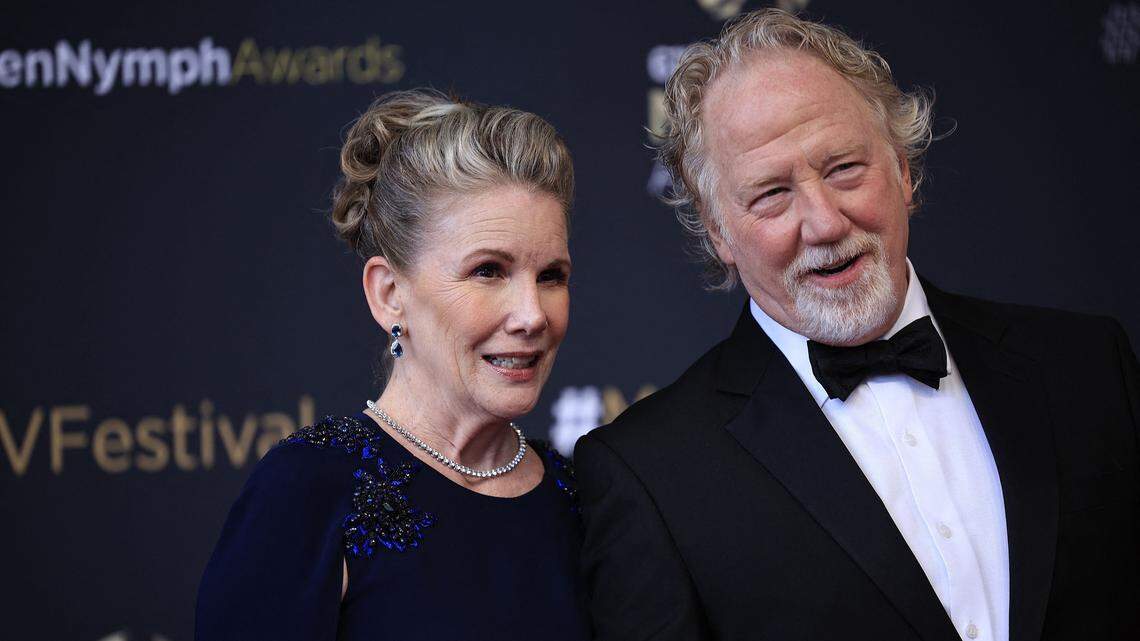 US actress Melissa Gilbert (L) her husband US actor Timothy Busfield pose during a photocall for the Golden Nymph Awards ceremony of the 62nd Monte-Carlo Television Festival in the principalty of Monaco on June 20, 2023. The Golden Nymph Award is among the most prestigious prizes in international television. For the Fiction and News & Documentaries categories, it rewards the talent and creativity of the Official Selection. (Photo by Valery HACHE / AFP) (Photo by VALERY HACHE/AFP via Getty Images)