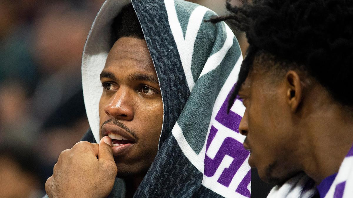 Sacramento Kings guard Buddy Hield (24) talks to Sacramento Kings guard De’Aaron Fox (5) during a game at Golden 1 Center on Tuesday, Dec 31, 2019 in Sacramento.