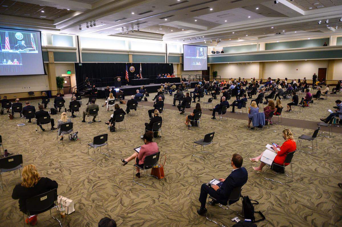 More than 150 people attend Joseph James DeAngelo’s admission on June 29, 2020, to being the Golden State Killer in a makeshift Sacramento Superior courtroom constructed at Sacramento State’s university ballroom to enable social distancing during the pandemic. Superior Court Judge Michael Bowman presides on the stage, with DeAngelo and his public defenders at right. Attendees included victims and and their relatives, media representatives and prosecutors from all over the state.