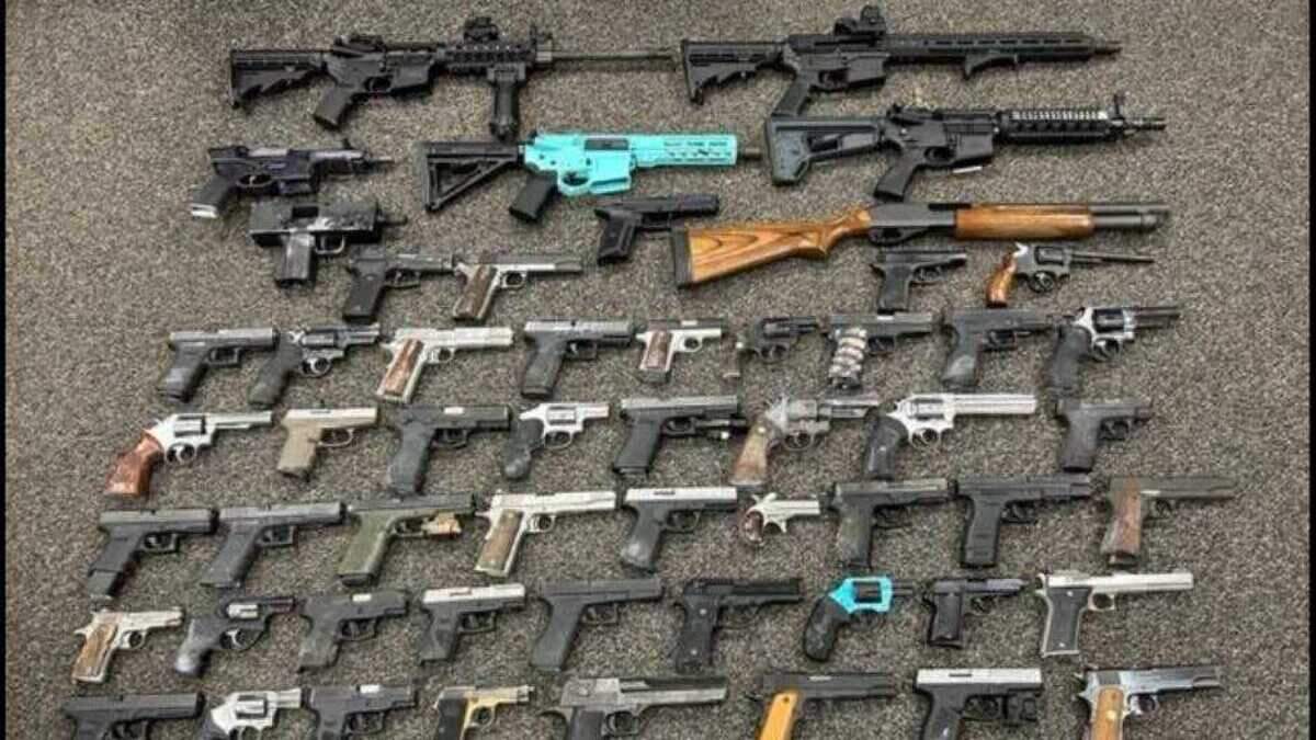 Officers seized over 50 pounds of crystal methamphetamine and 62 illegally-possessed guns as a result of an investigation after a vehicle stop on Saturday March 18, 2023, near Highway 99 and Mack Road in Sacramento, California.