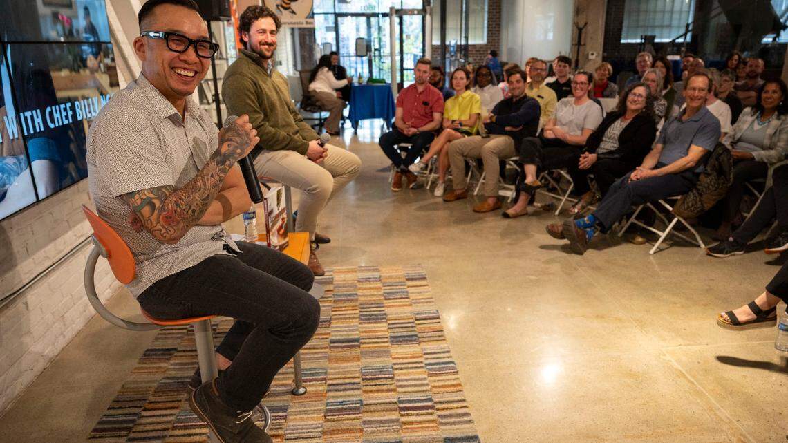Billy Ngo, left, a semifinalist for the James Beard’s best California chef award, and cookbook author and Bee food writer Benjy Egel, talk during The Sacramento Bee’s News & Nosh event on Tuesday, March 26, 2024.