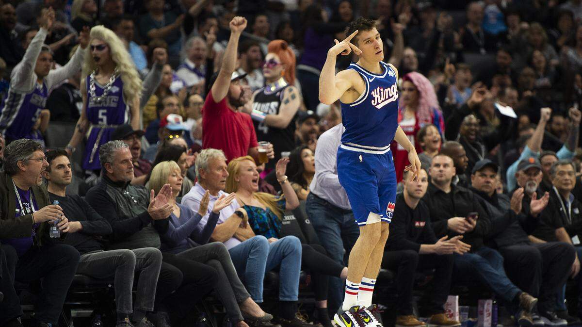 Sacramento Kings guard Bogdan Bogdanovic (8) pacts after hitting a three-pointer during a game at the Golden 1 Center on Thursday, March 5, 2020 in Sacramento.