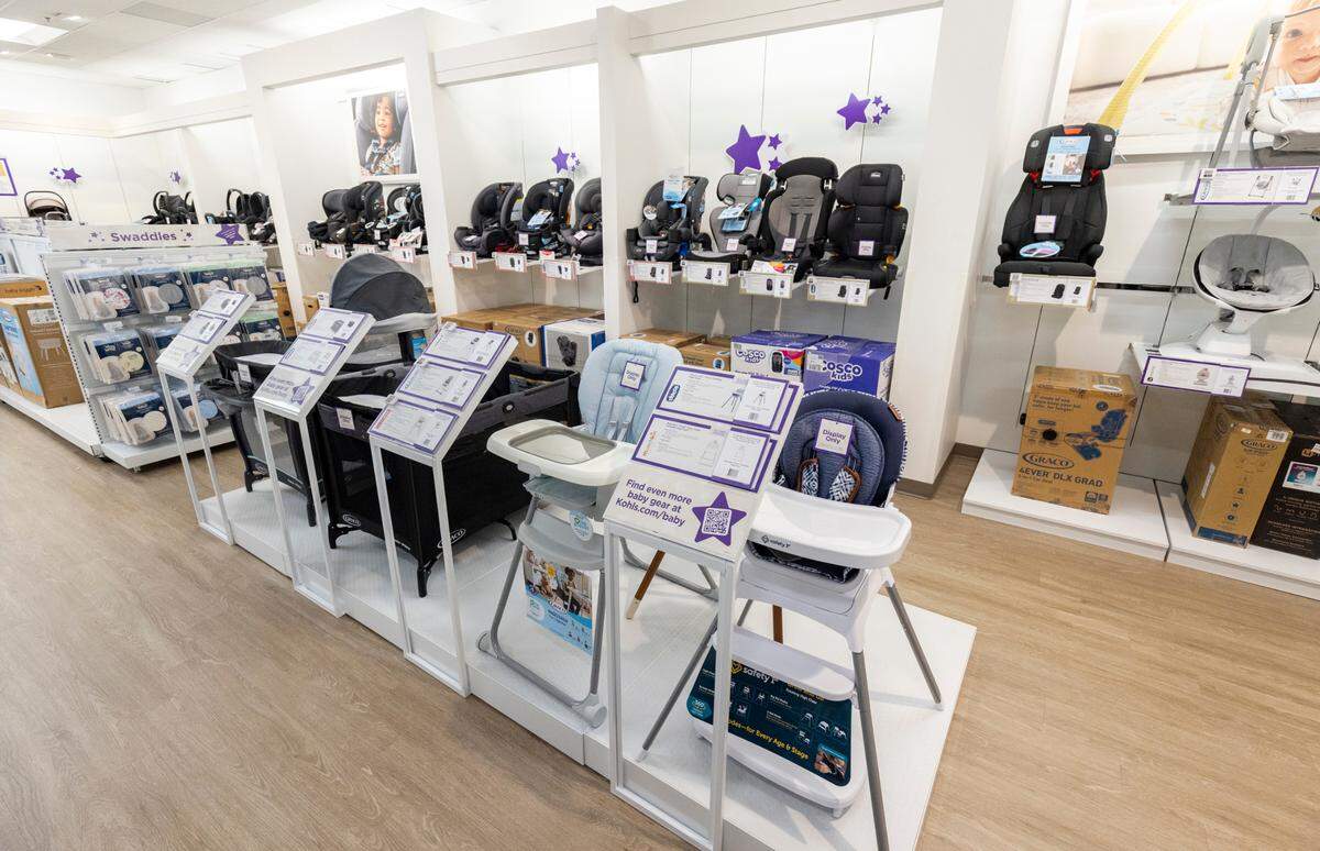 Car seats, cribs and high chairs are among the baby gear items on display at the Babies “R” Us shop inside Kohl’s in Brookfield, Wisconsin, in 2024.