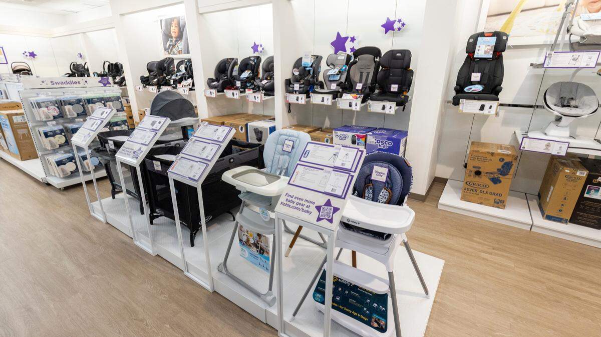 Car seats, cribs and high chairs are among the baby gear items on display at the Babies R Us shop inside Kohl’s in Brookfield, Wis. Babies R Us shops are opening at Kohl’s in Elk Grove and Roseville in September 2024.