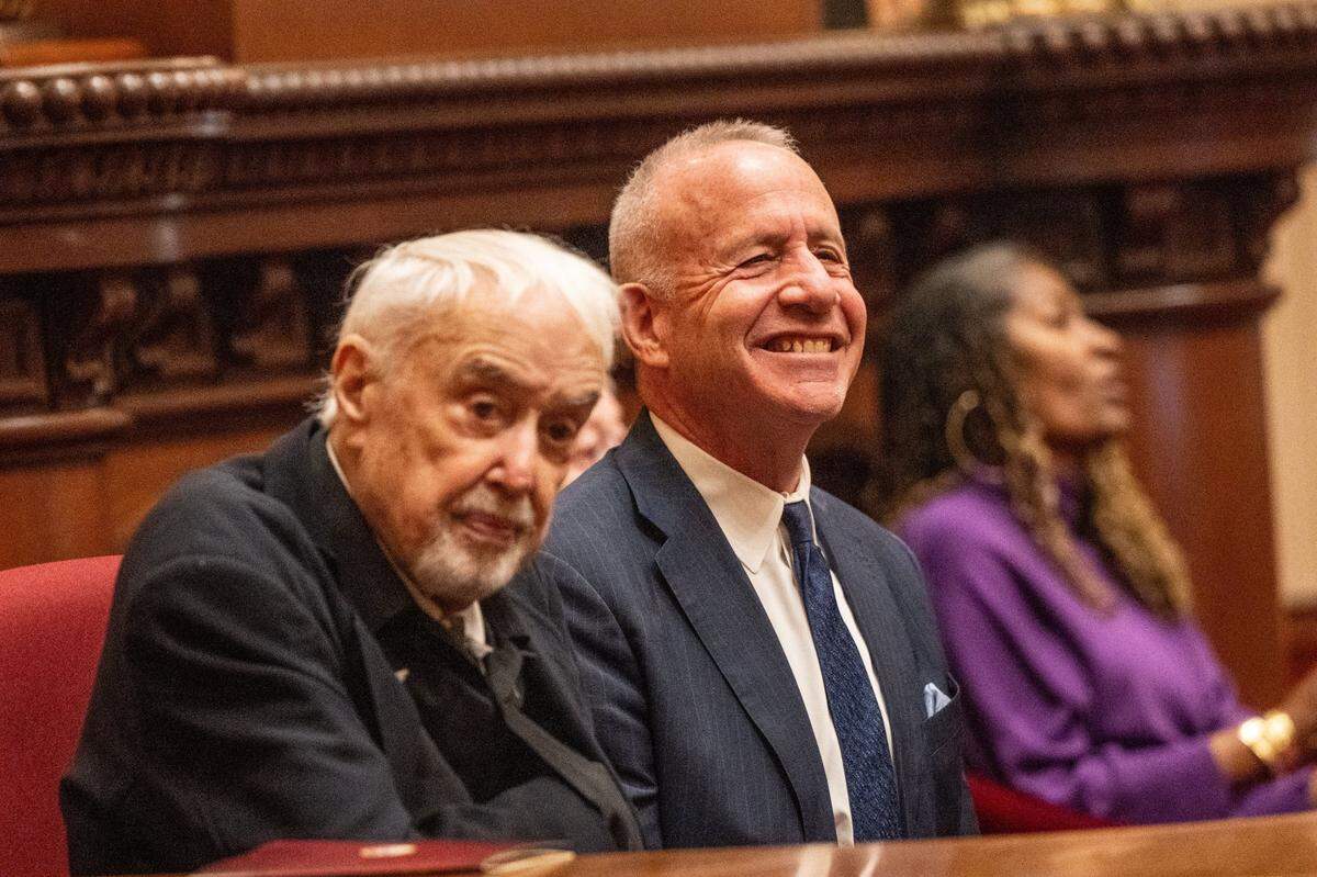 Former Senate President pro Tems John Burton, left, and Darrell Steinberg attend the ceremony to swear in members of the California Senate at the start of the new session on Monday at the state Capitol.