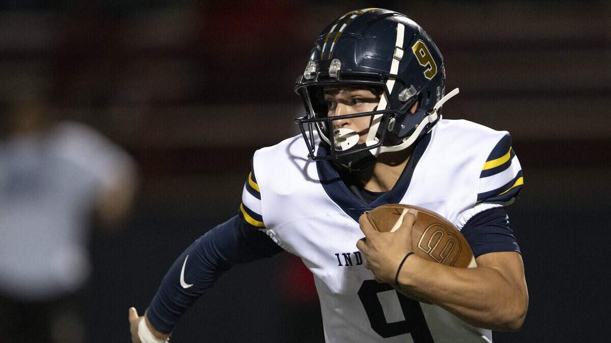 Inderkum Tigers’ Brody Cole (9) runs the ball down the field during a game between Destiny Christian Academy and Inderkum at Destiny Christian Academy in Rosemont on Friday.