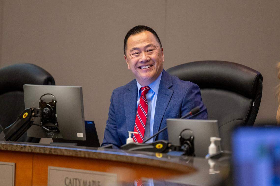 Sacramento City Manager Howard Chan smiles at the Sacramento City Council swearing in on Tuesday, Dec. 10, 2024.