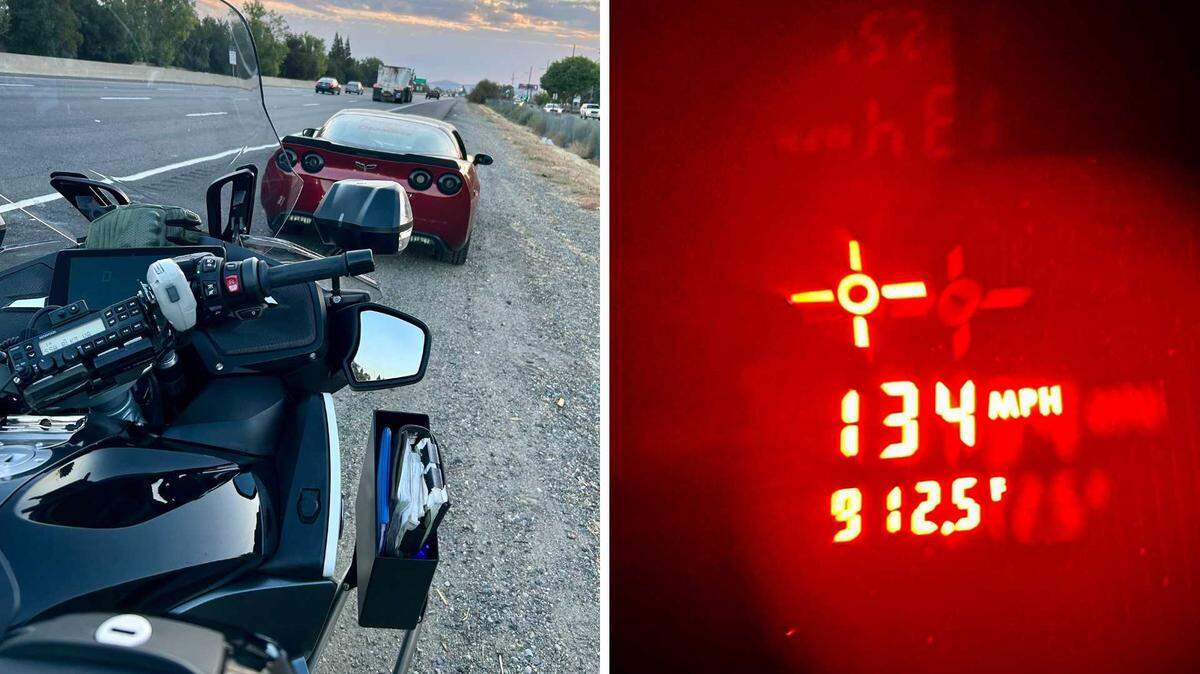 A California Highway Patrol vehicle stops a Chevrolet Corvette on Highway 50 in Sacramento County on Wednesday, Sept. 3, 2025, after clocking the car at 134 mph.
The officer cited the driver for reckless driving and CHP officials warned that excessive speed significantly increases the risk of deadly crashes.