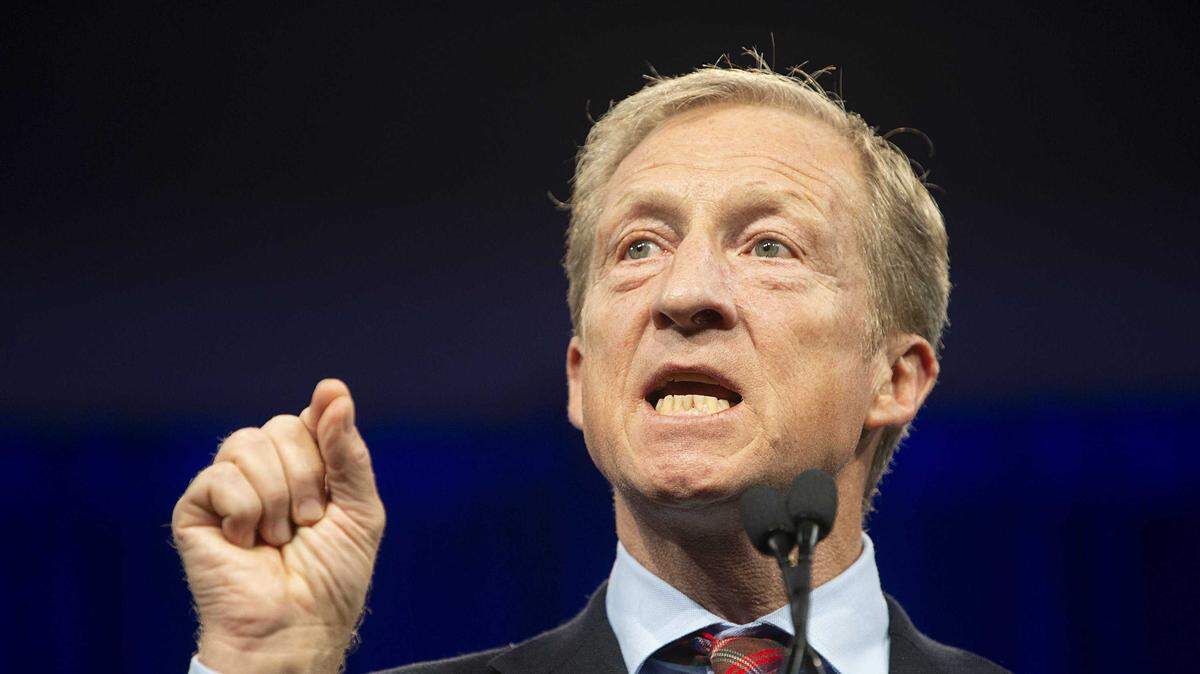 Tom Steyer speaks during the Democratic National Committee summer meeting in 2019 in San Francisco. As the latest candidate for governor, Steyer claims he will reduce utility bills by 25%. 