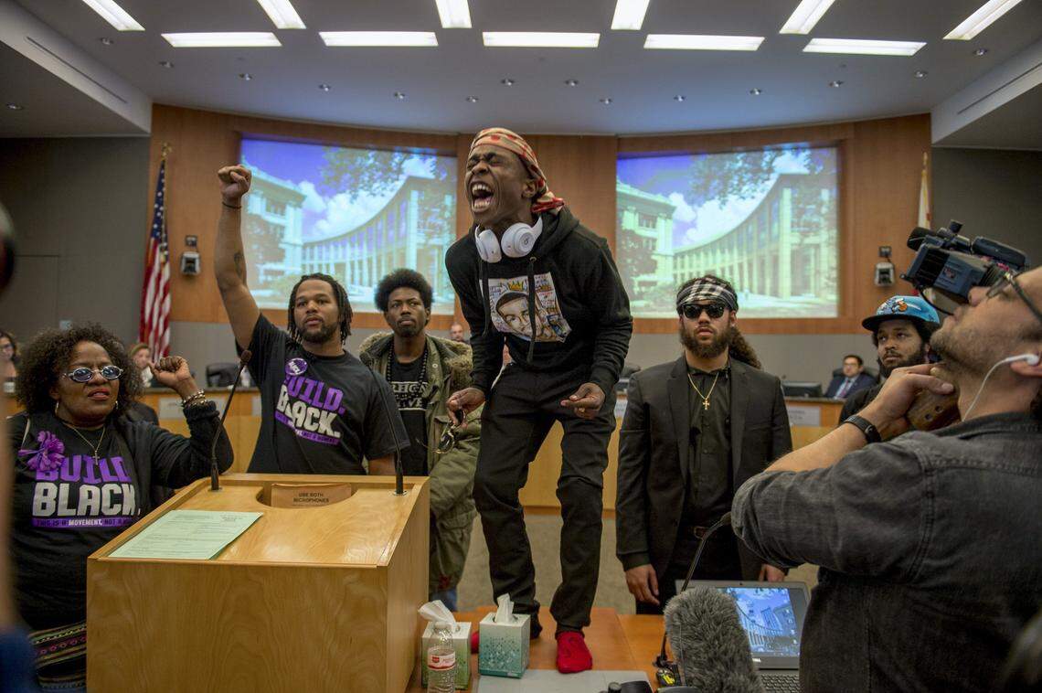 Stevante Clark, brother of Stephon Clark stormed the Sacramento City Council chambers briefly forcing the council to leave the chambers on Tuesday afternoon, March 27, 2018