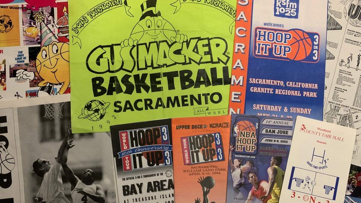 A collage of early marketing materials shows how Kim Dennis used to promote the early days of three-on-three basketball tournaments.