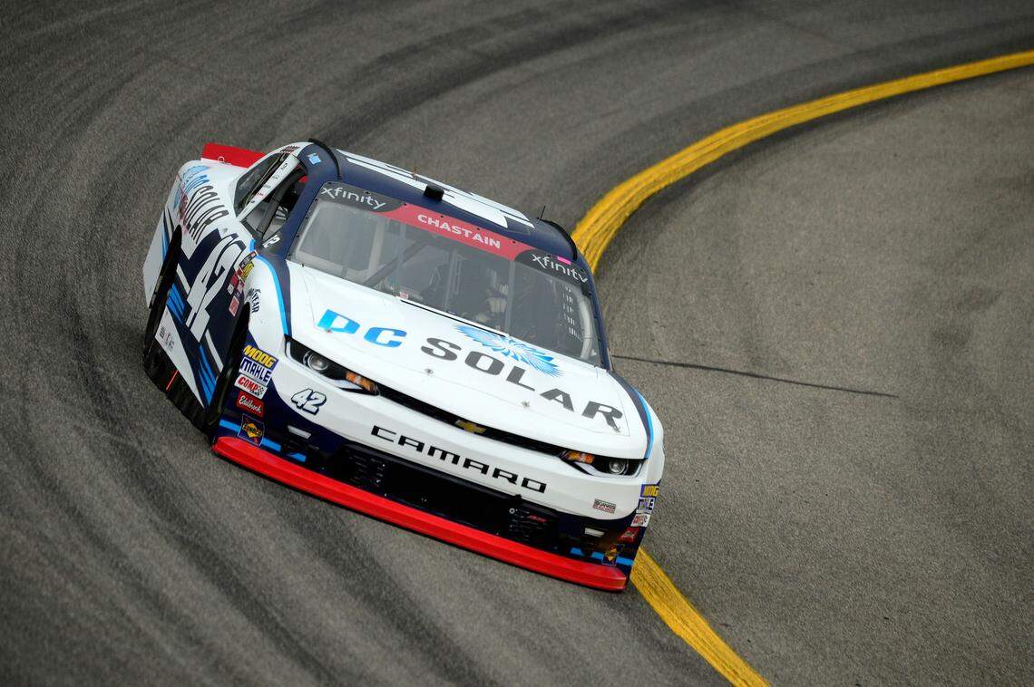Ross Chastain, driver of the No. 42 DC Solar Chevrolet, drives during practice for the NASCAR Xfinity Series GoBowling 250 at Richmond Raceway on Sept. 21, 2018 in Richmond, Virginia. DC Solar, revealed to be a Ponzi scheme orchestrated by convicted Benicia fraudsters Jeff and Paulette Carpoff, sponsored several NASCAR drivers in the 2010s before the scheme and company fell apart.
