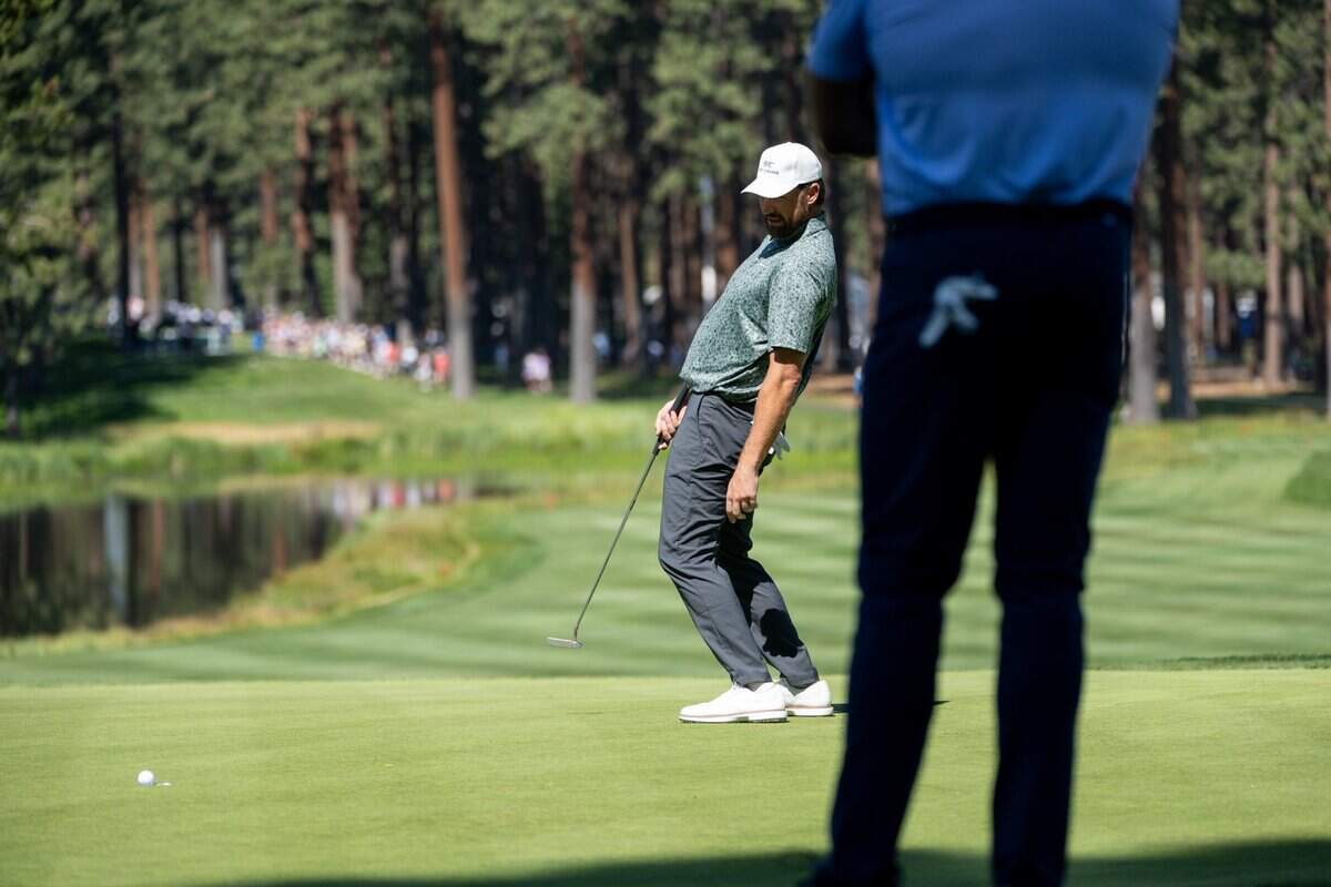 The Kansas City Chiefs’ Travis Kelce reacts as he putts during the American Century Championship celebrity golf tournament at Edgewood Tahoe Resort in Stateline, Nev., on Friday, July 11, 2025.