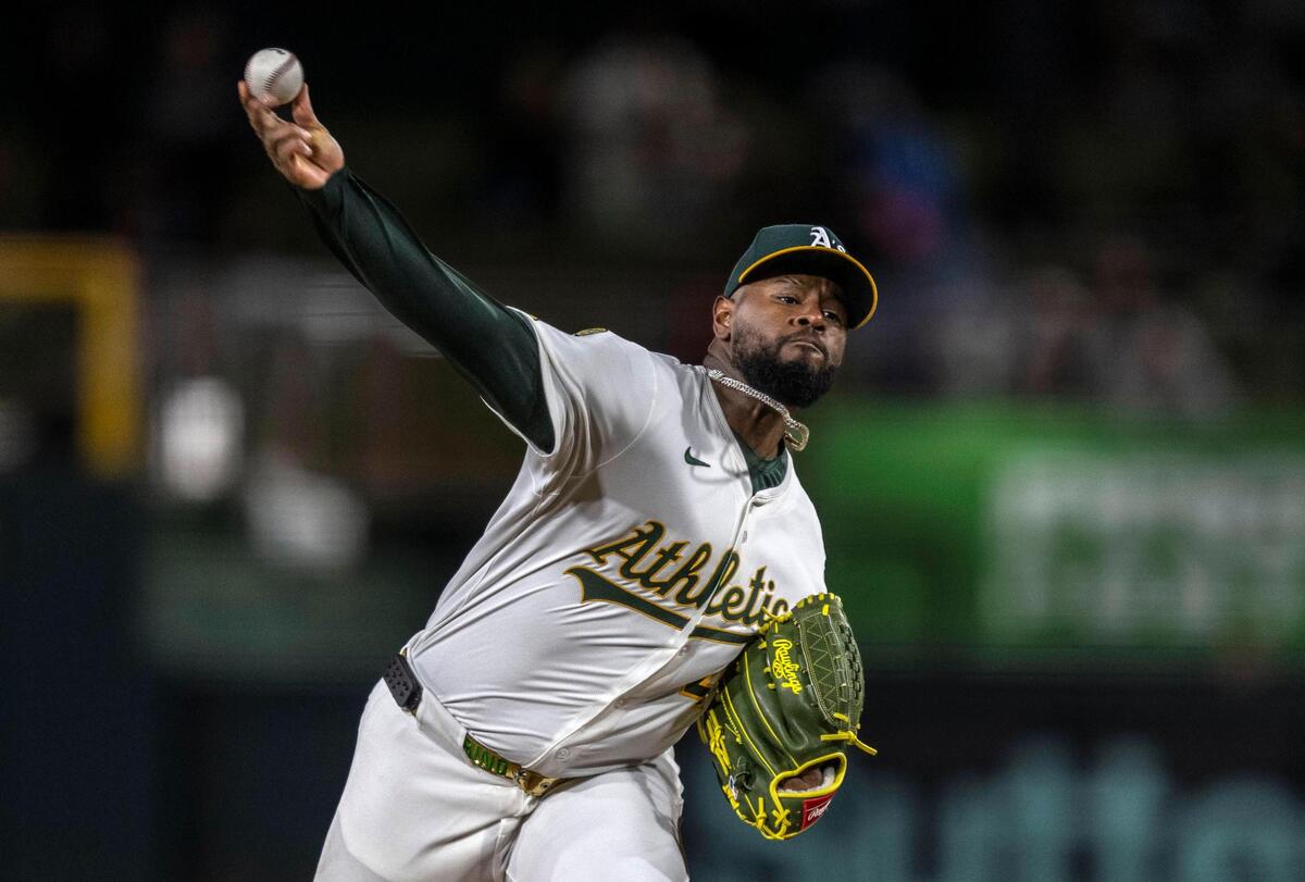 The Athletics’ Luis Severino (40) pitches during an MLB game against the San Diego Padres at Sutter Health Park on Monday, April 7, 2025.