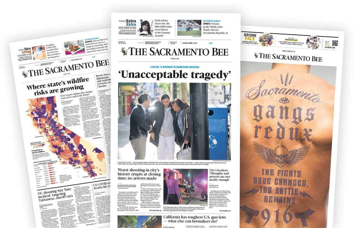 Selected front pages of The Sacramento Bee from 2022 that won first place in CNPA’s California Journalism Awards.