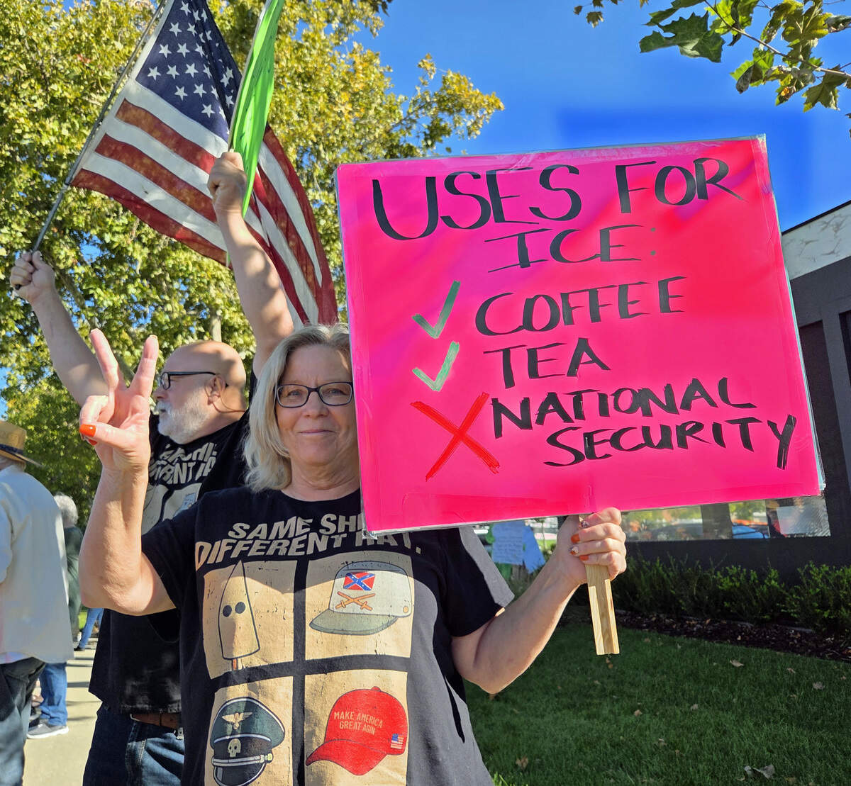 Pam Mckee, 62, of Carmichael, joins the “No Kings” protest with an anti-ICE sign in Roseville.