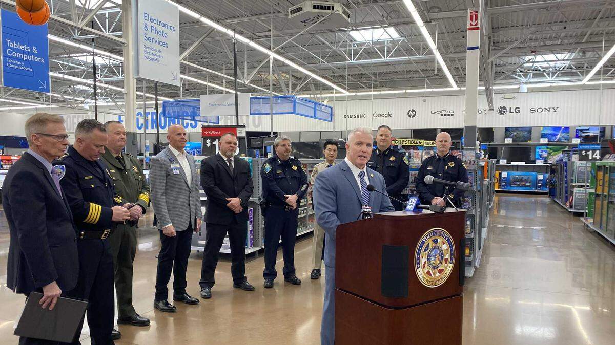 Yolo County County District Attorney Jeff Reisig announces a new program targeting retail theft at a Walmart Supercenter store in West Sacramento on Tuesday.