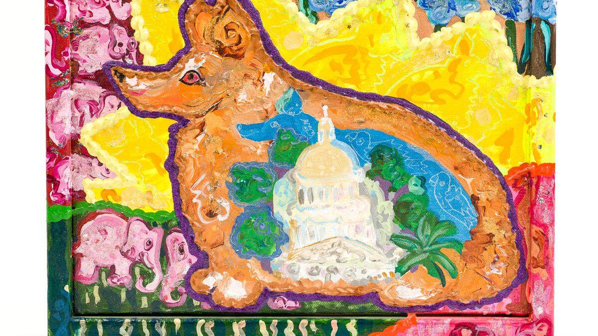 A colorful Maija Peeples painting called “Capitol Capital Corgi” is up for auction to benefit the Sacramento SCPA through July 31 at witherells.com.