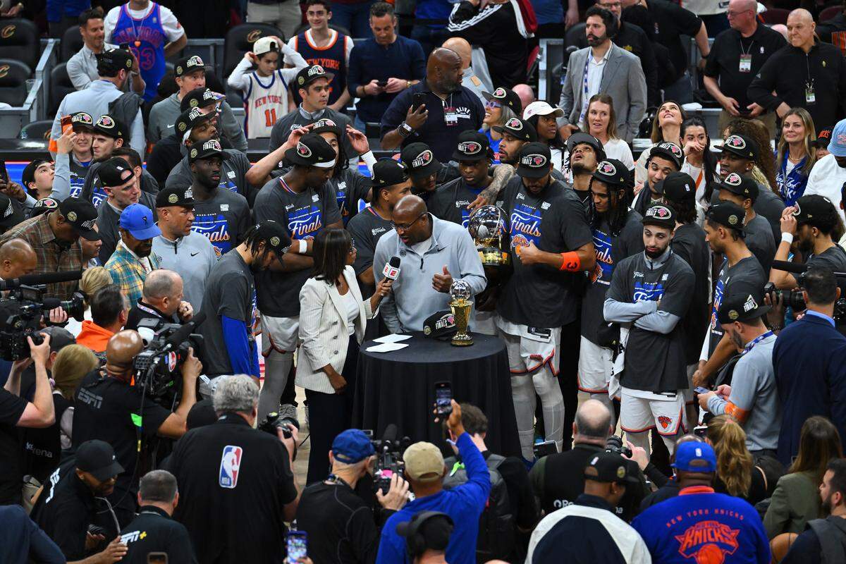 Head coach Mike Brown of the New York Knicks is interviewed after defeating the Cleveland Cavaliers 130-93 in Game Four of the NBA Eastern Conference Finals at Rocket Arena on May 25, 2026 in Cleveland, Ohio.